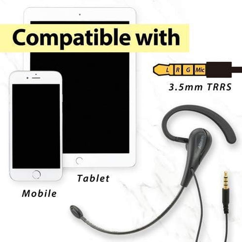 Wired Mono Single Headset One Hook Design Earphone Earbud with Bendable Boom Arm Mic, Adjustable Ear Angle and Earhook Length, 15mm Driver, 3.5mm ...