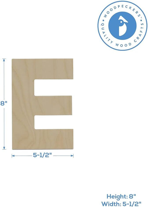 Woodpeckers Wooden Letter E Cutouts 8" - Baltic Birch Plywood - Perfect for Home Decor, Crafts, and Parties - Pack of 1...