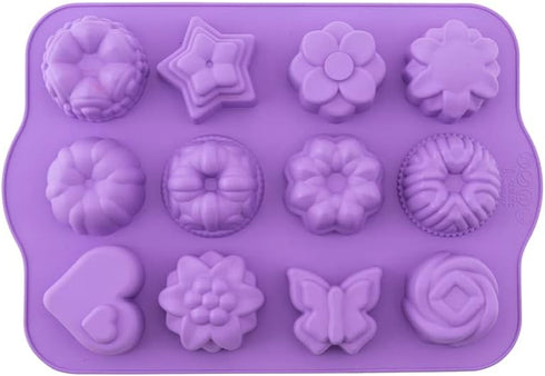 Food Grade Silicone Cake Mold, Muffin Baking Pan with 12 Cavity Flowers and Heart Shape Non-Stick 2-Pack Silicone Bakeware for Chocolate, Cupcake,...