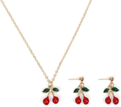 Fuqimanman2020 18K Gold Plated Sweet Red Cherry Fruit Drop Dangle Earrings Pendant Necklace Set Crystal Christmas Fruit for Women Statement Aesthe...