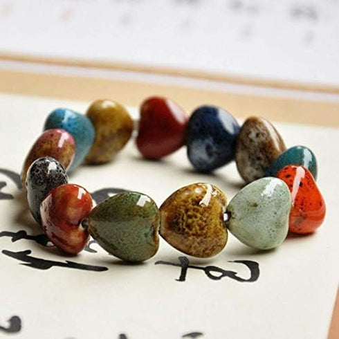 Love Heart Ceramic Bracelet, Flower-Glazed Beaded Bracelet,Elastic Handmade Simple Ethnic Style Hand Chain for Women Girl,1PCS - Colorful...