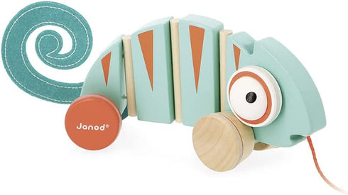 Janod - Tropik Pull-Along Chameleon - Wooden Early-Learning Toy - Silent Wheels - Educational Walking and Balancing Toy - Water-Based Paint - 1 Ye...