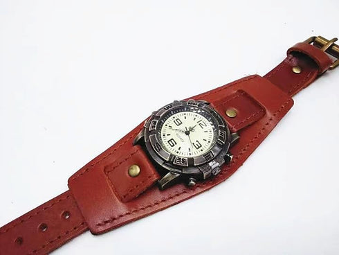 Handmade Men Watches Vintage Punk Hip-hop Gothic Soft Wide Leather Fashion Cuff Women Wristwatch Round Bronze Dial Quartz...