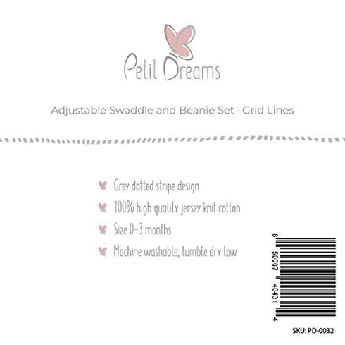 Adjustable Swaddle and Beanie Set Jersey Knit Cotton for Baby Boy Or Baby Girl from 0-3 Months, Grey Dotted Stripes...