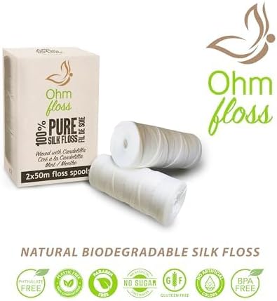 Ohm Earth’s Ohm Floss Refill – Natural Biodegradable Silk Dental Floss for Refillable Bamboo/Steel Holder, Natural Candelilla Wax, 100% Compostabl...