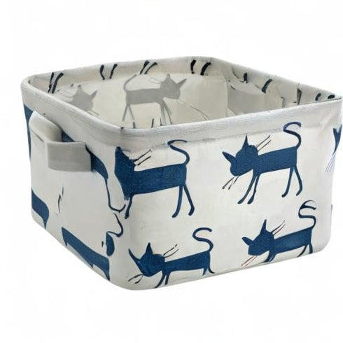 Mziart Small Foldable Canvas Storage Basket with Handles, Cotton Linen Storage Bin Organizer for Nursery Kids Shelves & Desks (Blue Cat)...