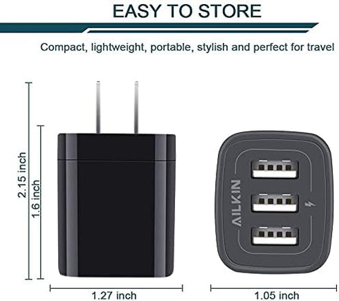 AILKIN 3 USB Wall Charger, Triple Charger Adapter, Fast Charging Block Home Charger Station Block Cube Plug for iPhone, Samsung Galaxy, LG, Motoro...