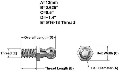 (4 Pack) 13mm Ball Studs with Hardware - 5/16-18 Thread x 5/8" Long Shank - Gas Lift Support Strut Fitting...