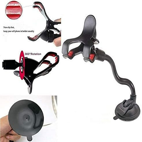 Suction Cup Phone Holder for Car Windshield & Dash with Extra 3M Adhesive Mounting Disk, 8" Flexible Gooseneck, Double Clip Mount Multi Purpose Us...