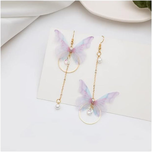 Temperament Long Butterfly Chain Tassel Drop Dangle Earrings for Asymmetric Pearl Circle Pendants Earrings Colored Tulle Butterfly Wings Earrings...