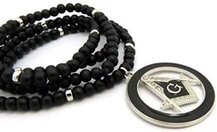MENS FREEMASON MASONIC COMPASS PENDANT WITH 6mm/30 WOODEN BEAD NECKLACE...