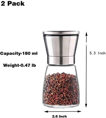 2 Packs Salt and Pepper Mills Brushed Stainless Steel Salt and Pepper Grinder Set(Pack of 2) with Adjustable Ceramic Coarseness Grinder and Glass ...