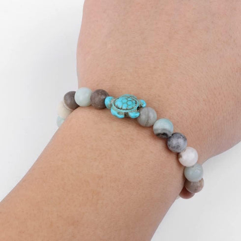 Pingyongchang 4pcs Sea Turtle Beads Bracelets Set,Elastic Natural Stone Stretch Lava Bracelet Anklet for Women Men,Supports the Sea Turtle Conserv...