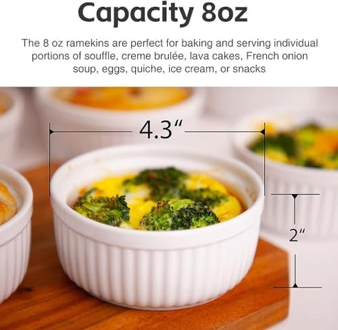 Nuwave Ceramic Ramekins 8 oz, Set of 6, Elegant Classic Style for Baking Souffles, Creme Brulées, Custards, Puddings, 4.3” Wide & 2” Tall, Microwa...