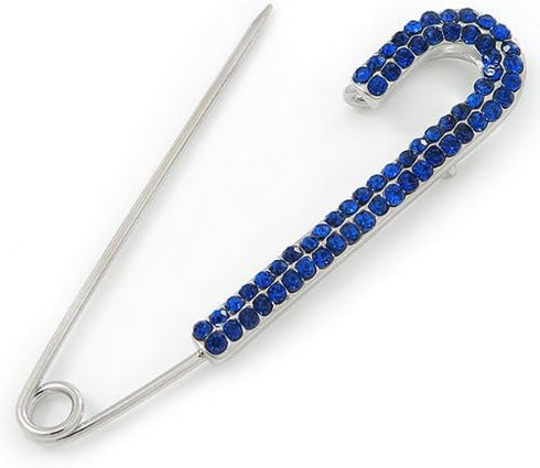 Classic Sapphire Blue Austrian Crystal Safety Pin Brooch In Rhodium Plating - 75mm Length...