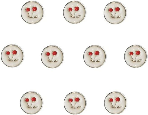 10 Pieces Resin Buttons Silvery Round Shape Enamel White Crystal Button Embed Red Cherry Pattern for Jewelry Making Wedding Bouquet Decorations (1...