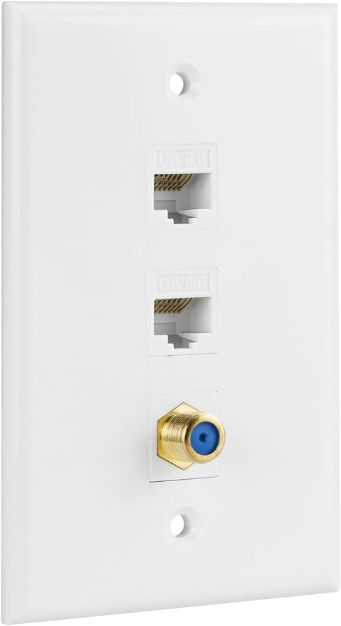 Ethernet Coax Wall Plate, 2 Port Cat 6 RJ45 Keystone and 1 Port TV Coax F Type Keystone Wall Plate...