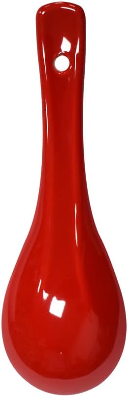 6 pcs Red Soup Spoon Round-Bottom Asia Porcelain Ceramic Rice Spoons Chinese Won Ton Spoons for Home Kitchen Restaurant...
