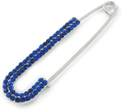 Classic Sapphire Blue Austrian Crystal Safety Pin Brooch In Rhodium Plating - 75mm Length...