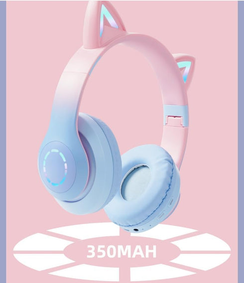 New Headworn Cat Ear Glow kids Wireless Bluetooth Headphones with Built-in Mic Children's Gift noise cancelling Earphones (Blue)...