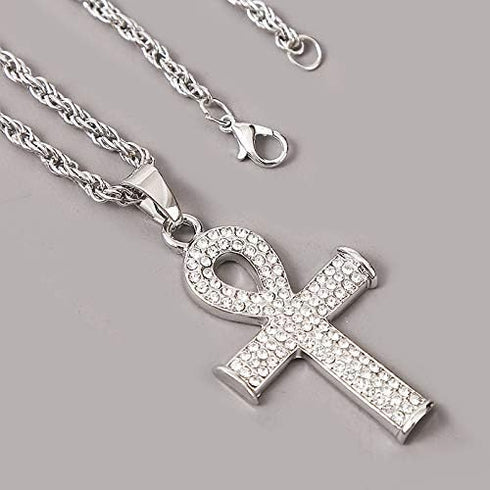 COLORFUL BLING Ankh Egyptian Cross Pendant Necklace 14K Gold Plated Cubic Zirconia Iced Out with Crystal 24 Inches Brass Rope Chain for Men and Wo...