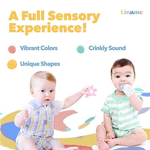 Liname 2 Pack Teething Mitten with Soothing Toy - Baby Chew Toy and Teething Glove- Infant Teething Mitten Crinkle Sound and Textured Silicone to ...