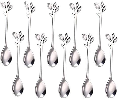 Stainless Steel Leaf Coffee Spoon, SZBAIDEKJ 10 Pcs Creative Tableware Dessert Spoons, Stirring, Mixing, Sugar, Stir, Ice Cream Teaspoon Set (Silv...