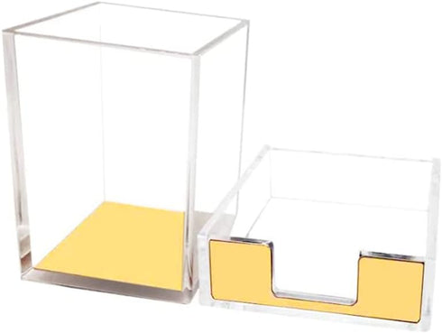 Clear Acrylic Body Bright Yellow Gold Tone Sticky Memo Pad Holder N Pen Holder Set for Office School Home Desk Organizer Supplies...