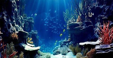 60X24IN Blue Sea Floor Aquarium Background, Natural Underwater World 3D Effect Fish Tank Decorations Background, Art Terrarium Background with 8 E...