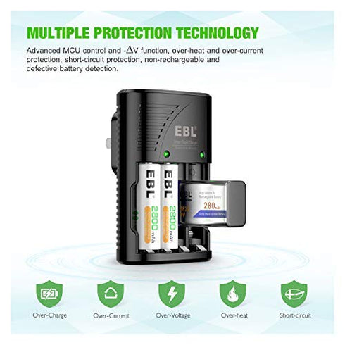EBL Smart Rapid AA AAA Charger for AA AAA 9V Rechargeable Batteries Ni-MH Ni-CD Rechargeable Batteries...