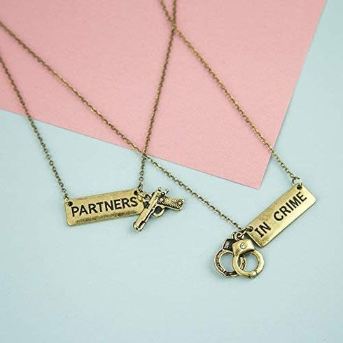 LUX ACCESSORIES Partners in Crime Handcuff Hand Cuff Gun BFF Best Friends Forever Matching Necklace Set...