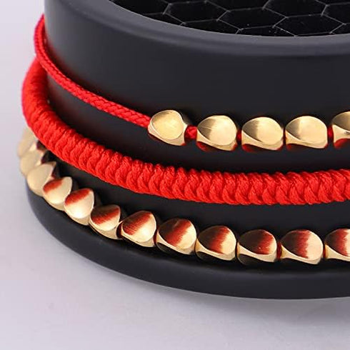 Pingyongchang 3 PCS Handmade Rope Red String Hand-Knitted Bracelets Tibetan Buddhist Woven Lucky Adjustable Cotton Copper Beads Bracelets for Wome...