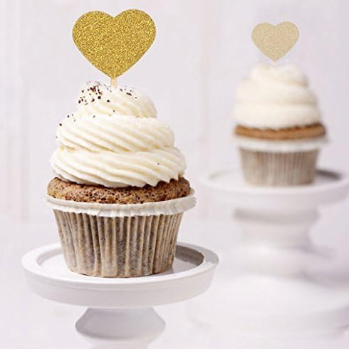 WARMBUY 50 Pack Double Sided Gold Glitter Cupcake Toppers Attached with Sticks for Baby Bridal Shower Birthday Party and Wedding (Heart)...