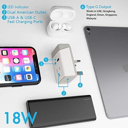 Ceptics European Travel Plug Adapter, Schuko QC 3.0 & PD Safe Dual USB & USB-C - 2 USA Socket - Compact & Powerful - Use in Greece Italy Switzerla...