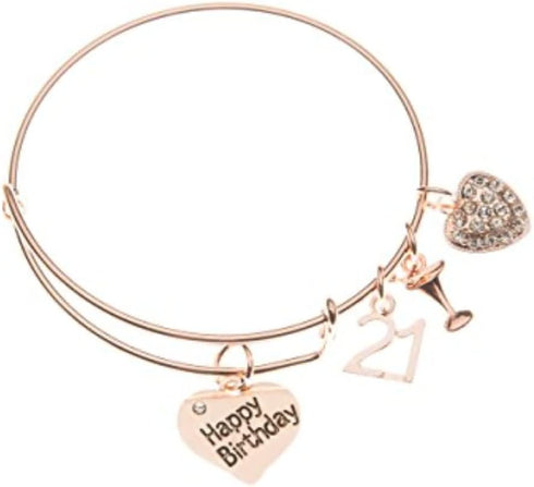Infinity Collection 21st Birthday Charm Adjustable Bracelet - Love Heart Happy Birthday 21st Expandable Wine Charm - Birthday Gift for Her...
