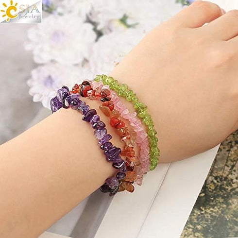 5 Pcs Natural Gemstone Chakra Crystal Healing Chip Stretch Bracelets,Gemstone Polished Irregular Crystals Stone Reiki Yoga Chipped Gravel Bead Jew...
