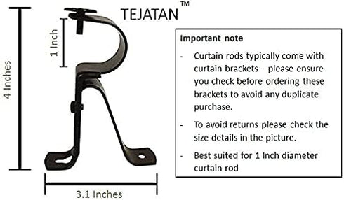Curtain Rod Bracket for 1-Inch Diameter rods - (Set of 4 (2 Pairs, Black) (Can Also be Known as Curtain Rod Hangers, Drape Rod Hooks for Wall, Cur...