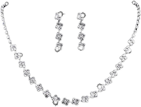 Bridal Necklace Earrings Set Crystal Necklace Rhinestone Dangle Earrings Set for Bride Bridesmaid Silver Square Pendant Necklace Earrings Set Wedd...