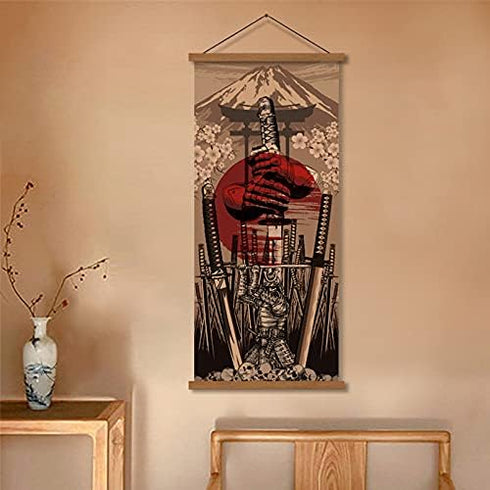 Japan Wall Art Armor Samurai Sword Poster Print On Canvas Skeleton Oriental Art Decoration Wood Framed To Hanging 16”X35”...