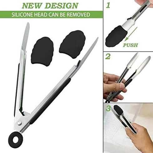Small Serving Tongs with Silicone Tips 7 Inch Mini Stainless Steel Food Tongs, Set of 3 (Black)...
