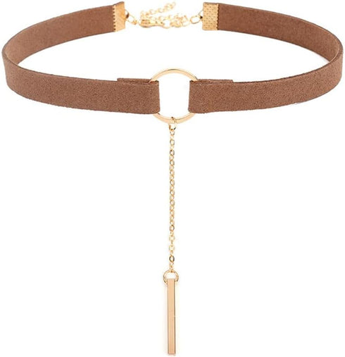 JczR.Y Fahion Wide Leather Choker Necklace Gold Silver Long Chain Bar Pendant Collar for Women Girls...