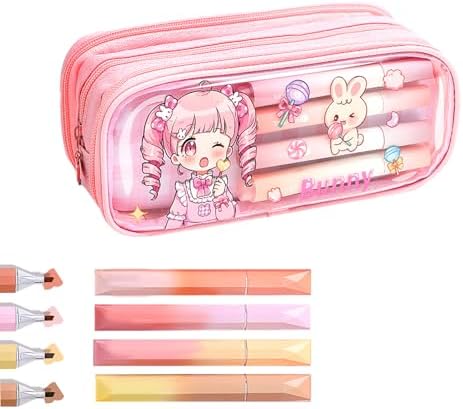 ITA Pencil Pouch Kawaii Large Capacity Pen Case : Cute Aesthetic Pencil Box Stationery Supplies for Teen Girls, 4 Included Highlighters (Pink)...