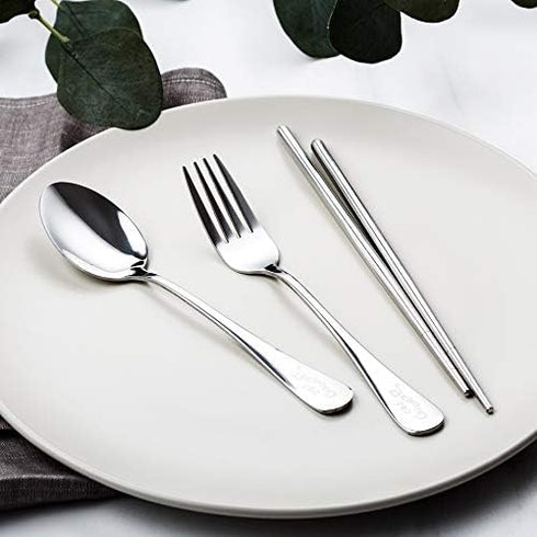 Portable 3 Pieces Flatware Set for School Work Travel Outdoor, Stainless Steel Fork Spoon Chopsticks (Pink Case)...