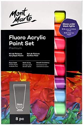 Mont Marte Fluoro Acrylic Paint Set, 8 x 1.02oz (36ml) Tubes, 8 Colors, Suitable for Most Surfaces Including Canvas, Card, Paper and Wood...
