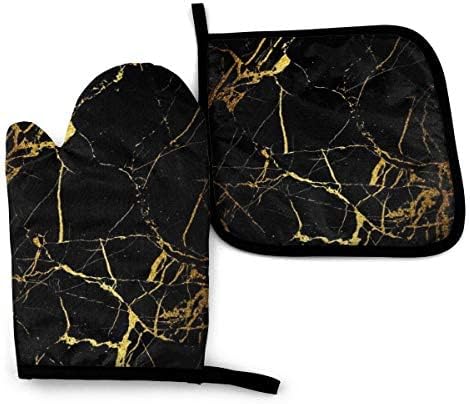 Black Gold Marble Oven Mitts and Pot Holders Heat Resistant Oven Gloves Safe Cooking Baking Grilling...