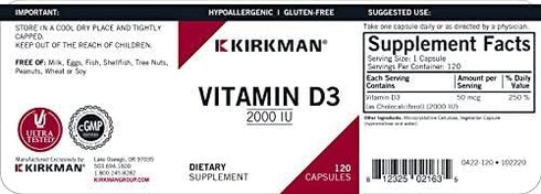 Kirkman - Vitamin D3 1000 IU - 120 Capsules - Supports Immune Health - Helps Build Strong Bones - Hypoallergenic...