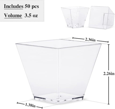 50 Pack 3.5 Oz Plastic Mini Dessert Cups,Square Clear Parfait Cups for Chocolate Desserts, Appetizers,Dessert Samplers,Dessert Shot Glasses & More...