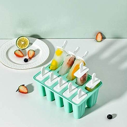 Popsicle Molds 10 Pieces Silicone Ice Pop Molds Popsicle Mold Reusable Easy Release Ice Pop Maker(10 Cavities-Green)...