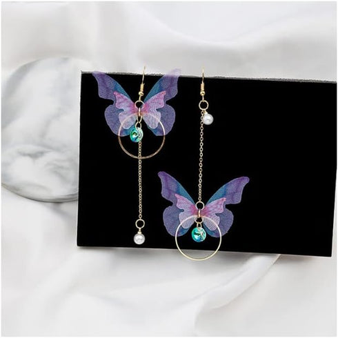 Temperament Long Butterfly Chain Tassel Drop Dangle Earrings for Asymmetric Pearl Circle Pendants Earrings Colored Tulle Butterfly Wings Earrings...
