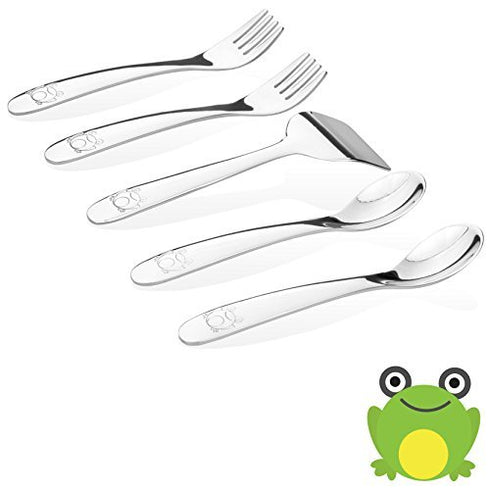 Baby Stainless Steel Utensil Set, Frog Model, High Grade Stainless #304 (18/8) 5pc set (2 baby spoons, 2 baby safe forks, 1 baby butter spreader)....